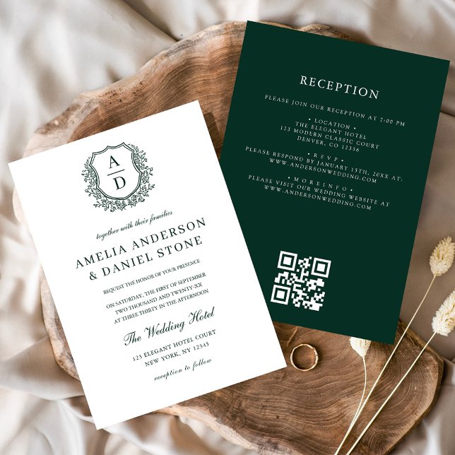 Invitation Cimier floral vert foncé Monogramme Mariage QR Cod (Créateur téléchargé)