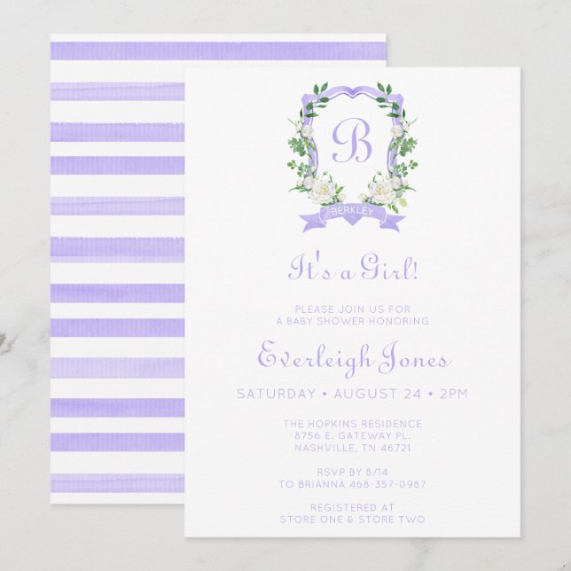 Invitation Cimier Floral Violet C'est un Baby shower de fille (Devant / Derrière)
