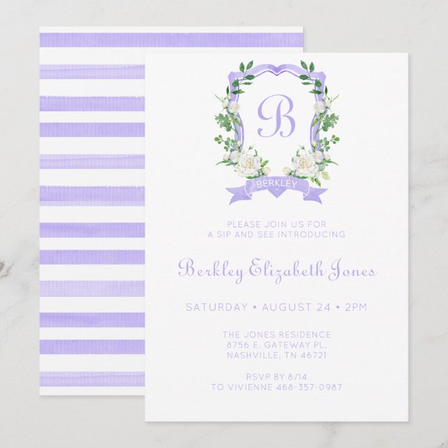 Invitation Cimier Floral Violet Fille Sip Et Voir (Devant / Derrière)