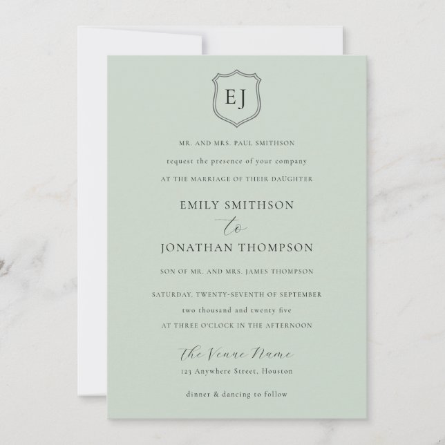 Invitation Cimier Monogramme Initiales Sage Vert Mariage offi (Devant)