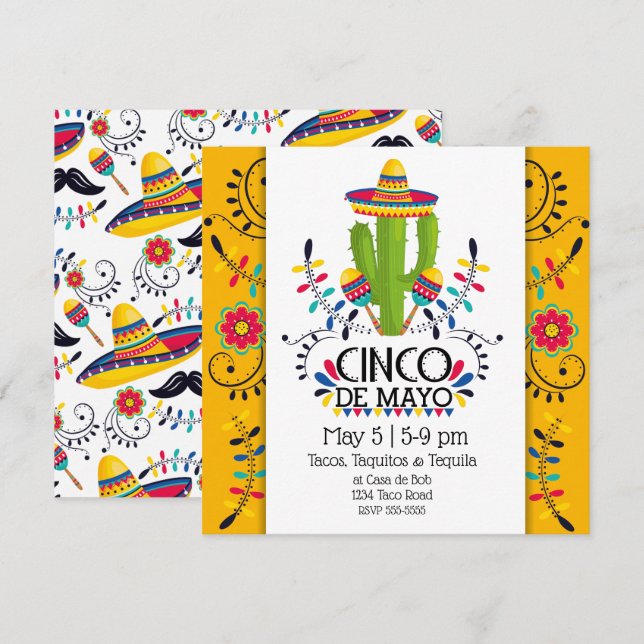 Invitation Cinco de Mayo Cactus Folk Sombreros (Devant / Derrière)