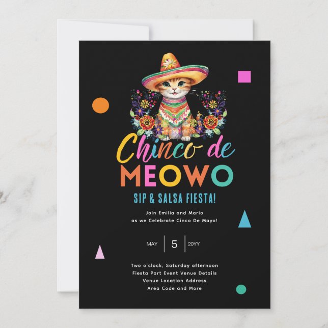 Invitation Cinco De Meowo Fun Chat Fête Heure (Devant)