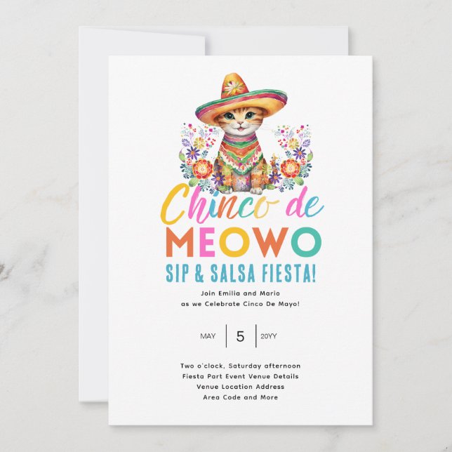 Invitation Cinco De Meowo Fun Chat Fête Heure (Devant)