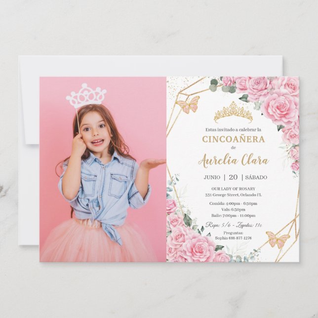 Invitation Cincoañera Roses roses rose Papillons floraux Phot (Devant)