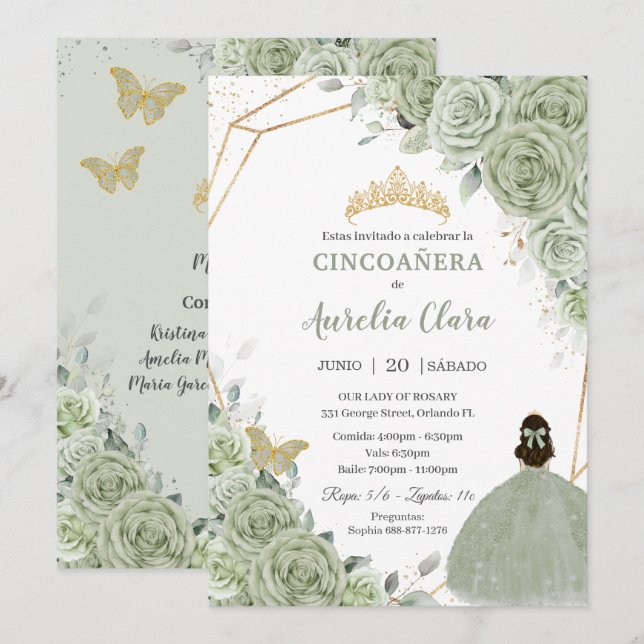 Invitation Cincoañera Sage Green Floral Gold Princess (Devant / Derrière)
