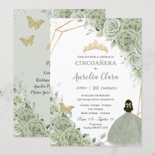 Invitation Cincoañera Sage Green Floral Gold Princess