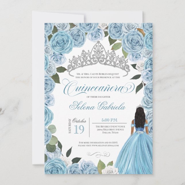 Invitation Cinderella Ball Blue Roses Princesse V2 Quinceaner (Devant)