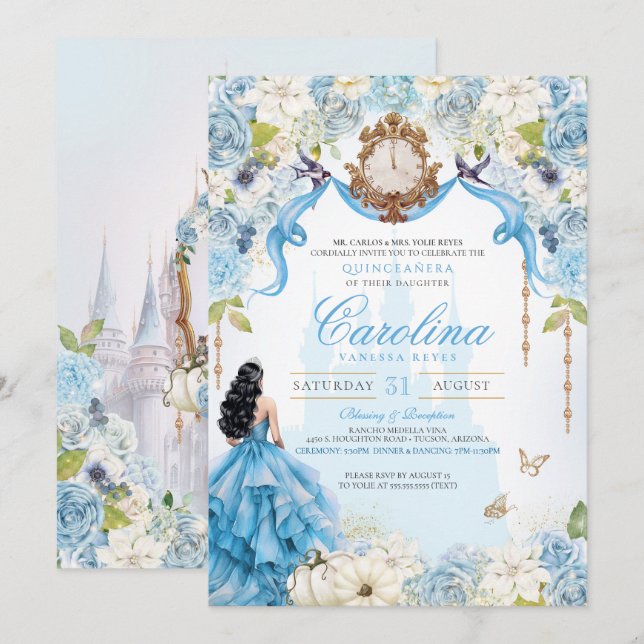 Invitation Cinderella Blue et Gold Princesse Quinceanera (Devant / Derrière)