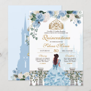 Invitation Cinderella Blue Floral Gold Princesse Quinceanera