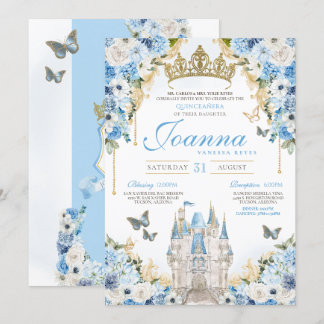 Invitation Cinderella Blue Gold Princess Castle Quinceanera