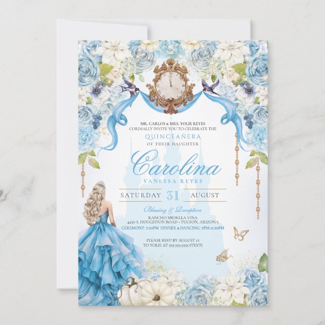 Invitation Cinderella Blue & Gold Princess Quinceanera de lux (Devant)