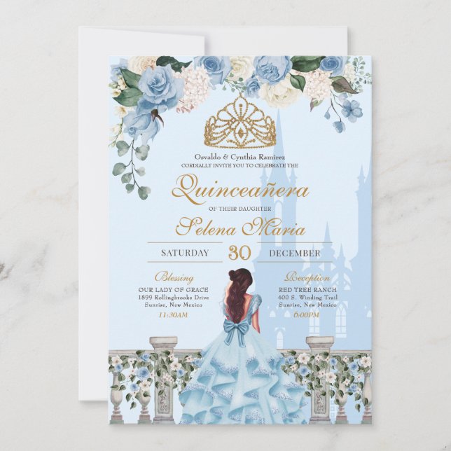 Invitation Cinderella Blue Rose & Gold Princess Quinceañera (Devant)