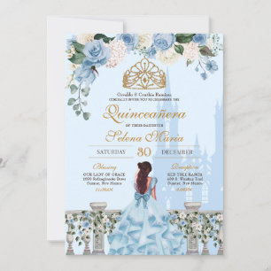 Invitation Cinderella Blue Rose & Gold Princess Quinceañera