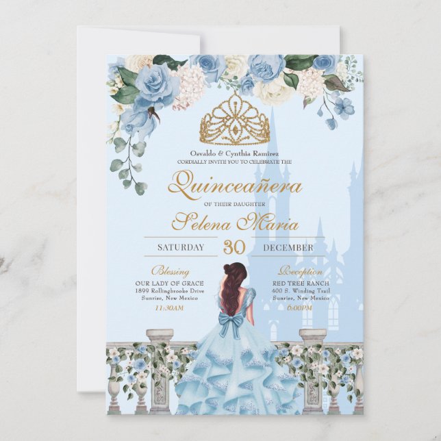 Invitation Cinderella Blue Roses & Gold Princesse Quinceanera (Devant)