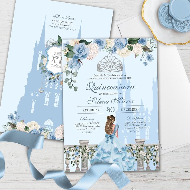 Invitation Cinderella Blue Silver Floral Princesse Quinceaner (Créateur téléchargé)