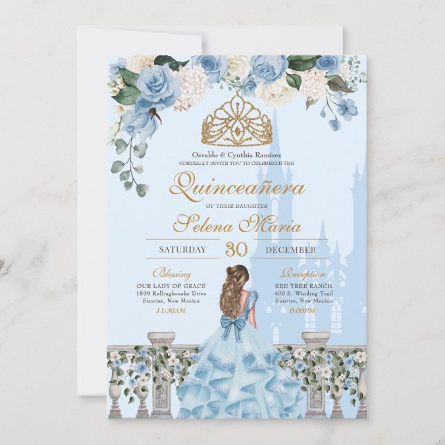 Invitation Cinderella Blue w Gold Floral Princess Quinceanera (Devant)