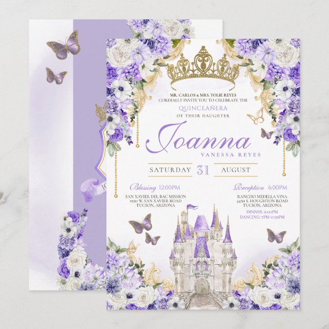 Invitation Cinderella Lavande violette princesse Quinceanera (Devant / Derrière)