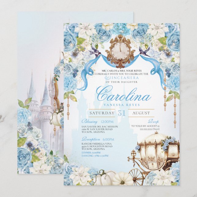Invitation Cinderella Princess Carriage Elegant Quinceanera (Devant / Derrière)