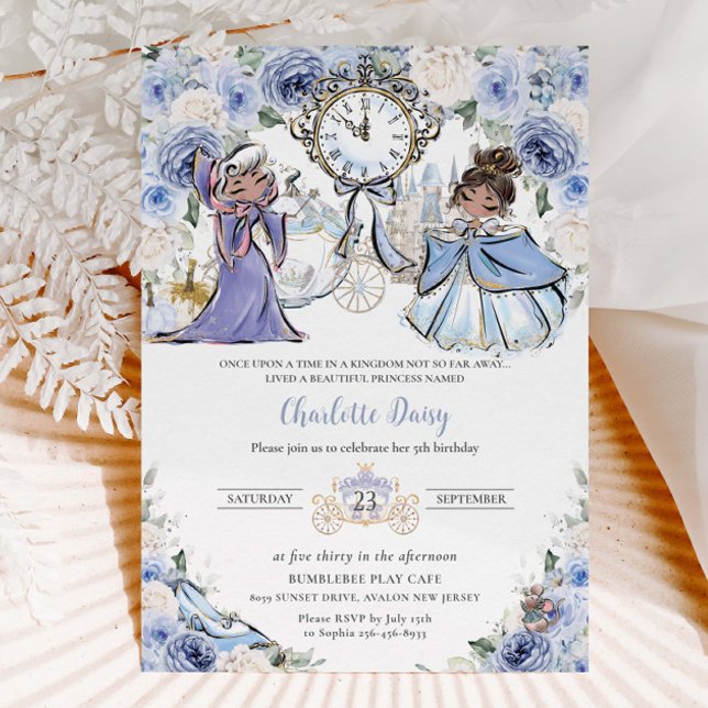 Invitation Cinderella Princess Fairytale Blue Floral Annivers (Créateur téléchargé)