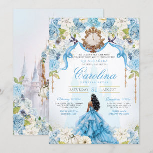 Invitation Cinderella Quinceañera Blue Gold Luxe Anniversaire