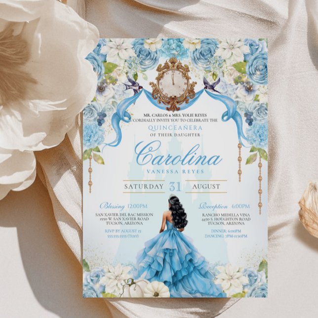 Invitation Cinderella Quinceanera Luxe Blue Gold Anniversaire (Créateur téléchargé)