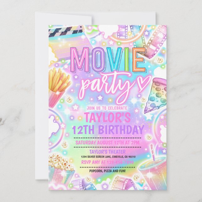 Invitation Cinéma Anniversaire Pastel Rainbow Movie Party (Devant)