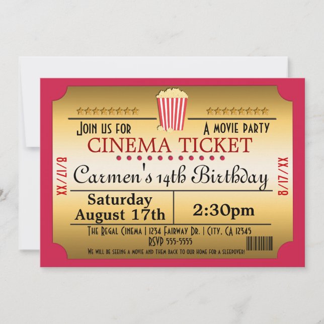 Invitation Cinema Movie Ticket Popcorn Party Événement Invita (Devant)