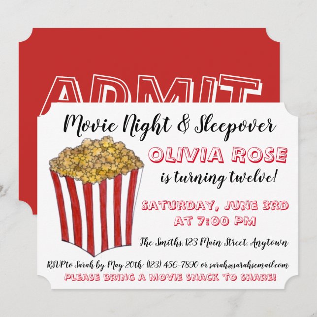 Invitation Cinéma Nuit Slepover Popcorn Fête Anniversaire Rou (Devant / Derrière)