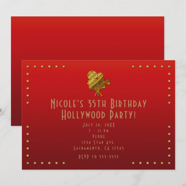 Invitation cinéma rouge et étoiles dorées Hollywoo (Devant / Derrière)