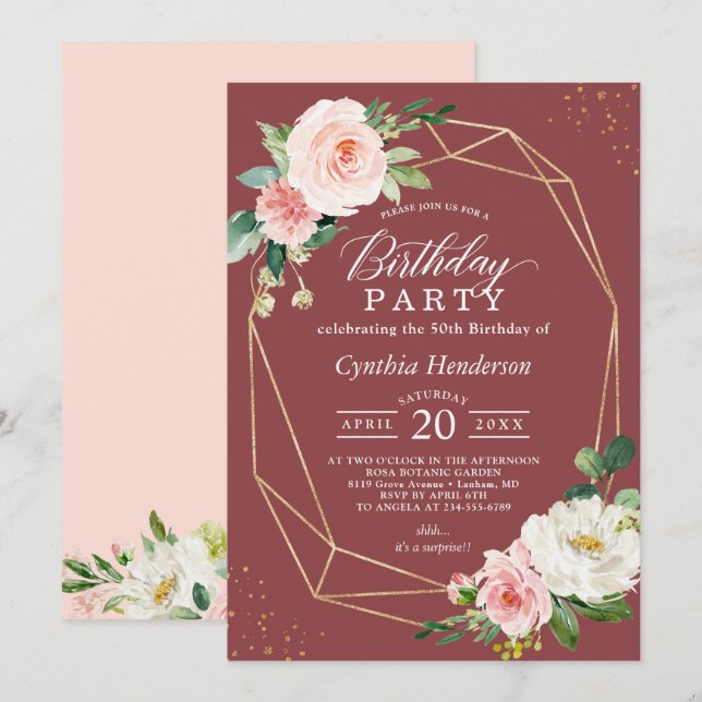 Invitation Cinnamon Rose Blush rose Floral fête d'anniversair (Devant / Derrière)