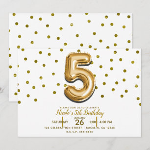Invitation CINQ 5 5e Ballons d'or & Confetti fête d'anniversa