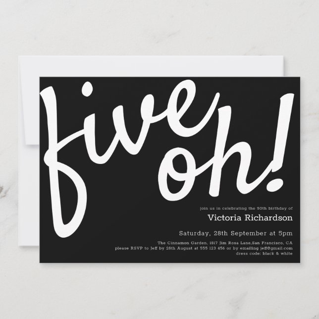 Invitation Cinq Oh 50e anniversaire Noir Blanc Funny Minimali (Devant)