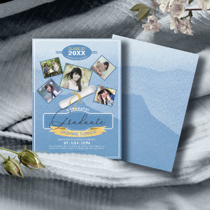 Invitation Cinq Photos sur Fond Bleu Aquarelle Diplômé ID892