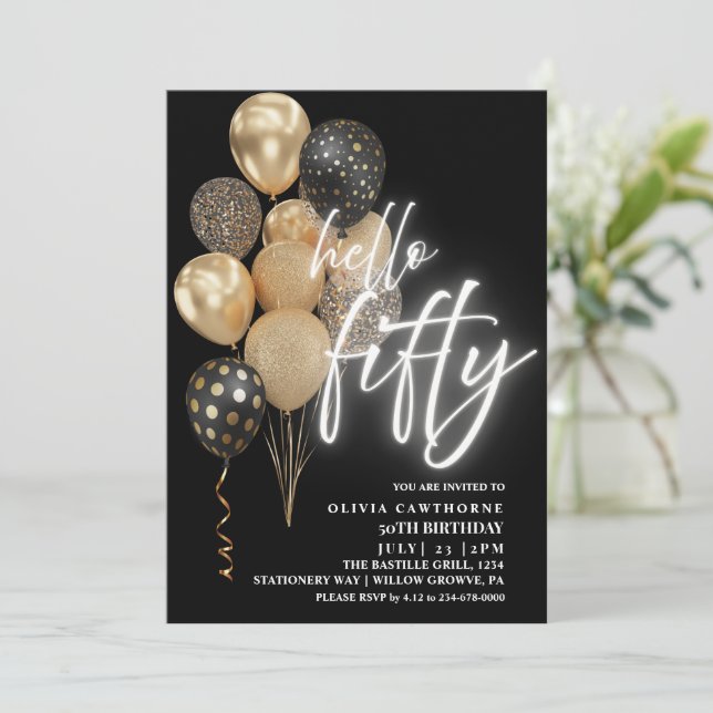 Invitation Cinquante 50e anniversaire Ballons Noir et or (Debout devant)