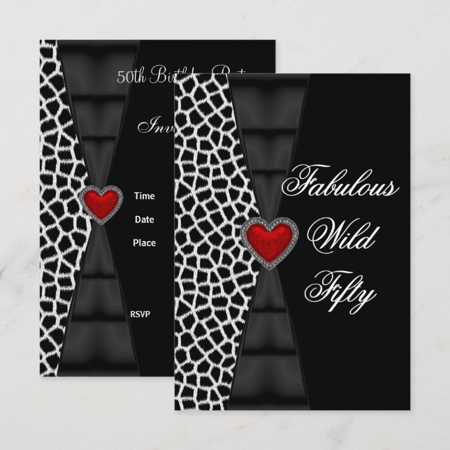 Invitation Cinquante-50e fête d'anniversaire Red Zebra Wild B (Devant / Derrière)