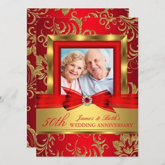 Invitation Cinquante ans de mariage Photo Fleur Or Rouge (Devant / Derrière)