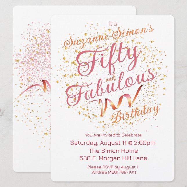 Invitation Cinquante ans et Fabuleux Rose et Or Paillettes  (Devant / Derrière)