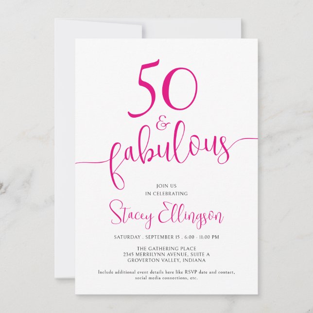 Invitation Cinquante ans et Fabuleux Texte rose pour une fête (Devant)