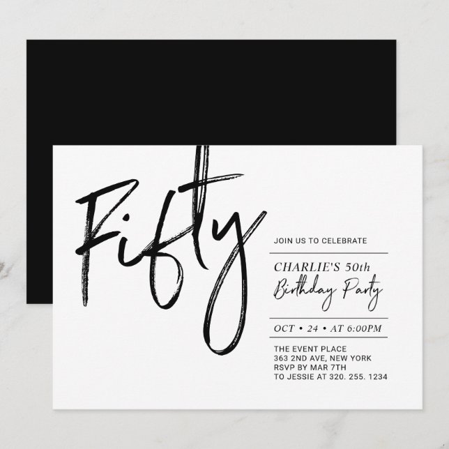 Invitation Cinquante | Black & White Modern 50th Birthday Par (Devant / Derrière)