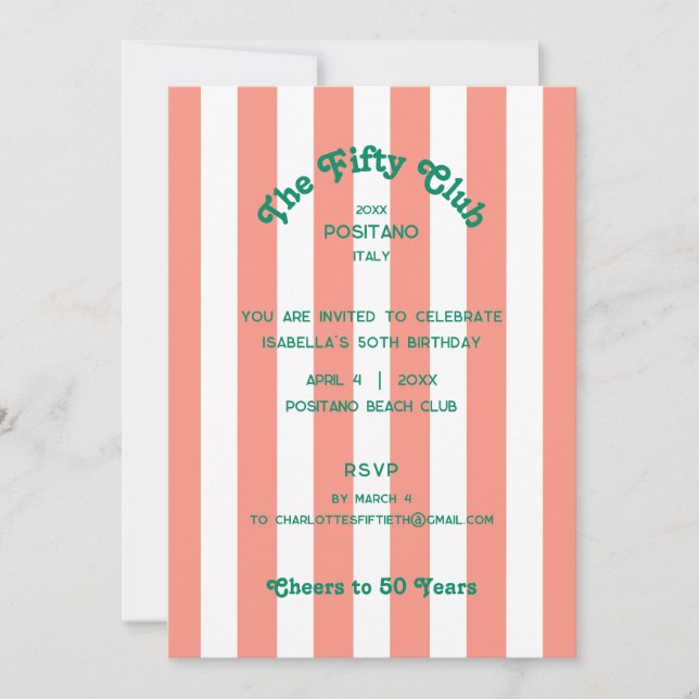 Invitation Cinquante Club Pink Stripe 50ème anniversaire (Devant)