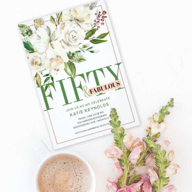 Invitation Cinquante et fabuleux Anniversaire Floral Blanc (Créateur téléchargé)