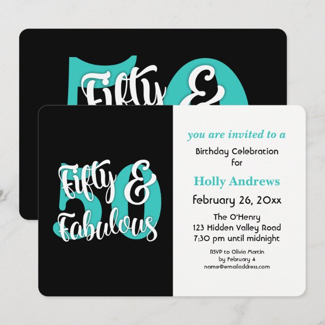 Invitation Cinquante et fabuleux Aqua Typographie Anniversair (Devant / Derrière)