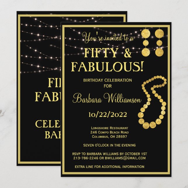 Invitation Cinquante et fabuleux Black Gold fête d'anniversai (Devant / Derrière)