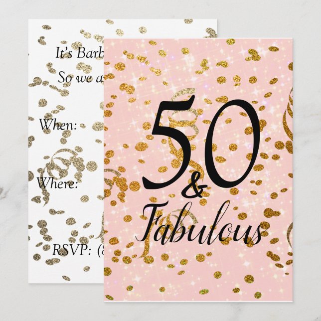 Invitation Cinquante et fabuleux Confetti rose et or Annivers (Devant / Derrière)