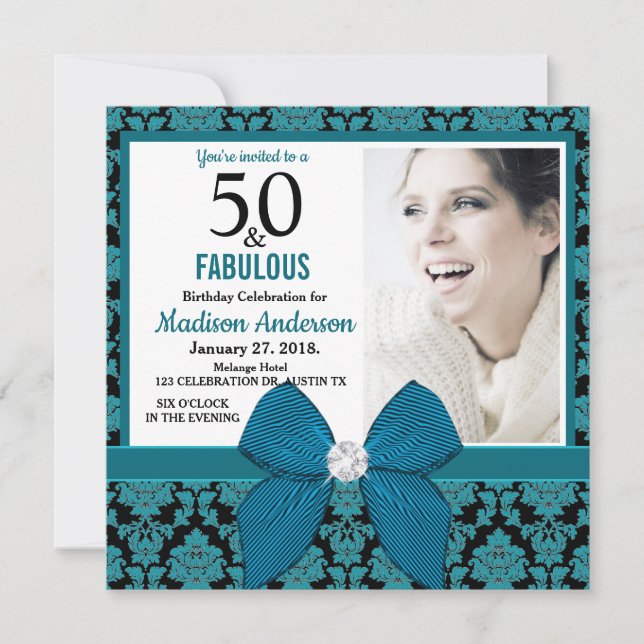 Invitation Cinquante et fabuleux damas noir turquoise 50e ann (Devant)