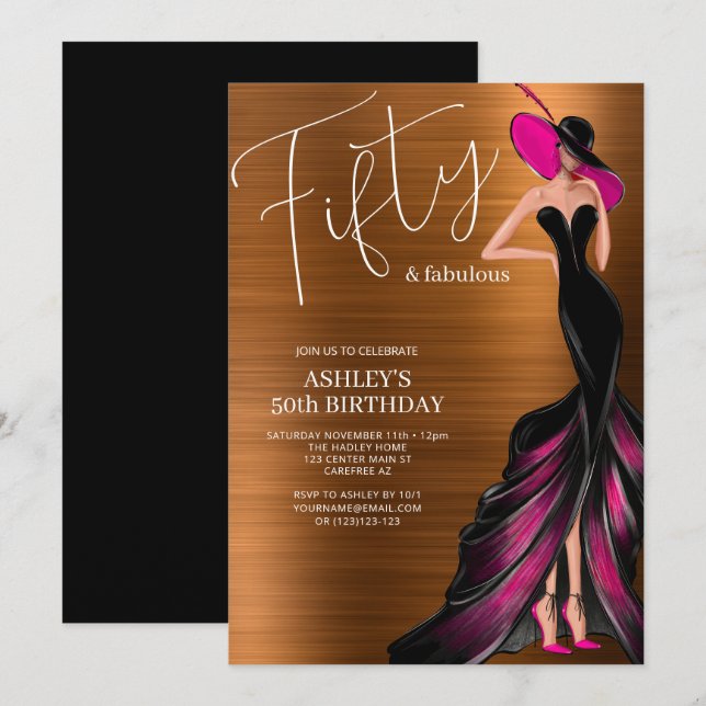 Invitation Cinquante et fabuleux Elégant rose 50e anniversair (Devant / Derrière)