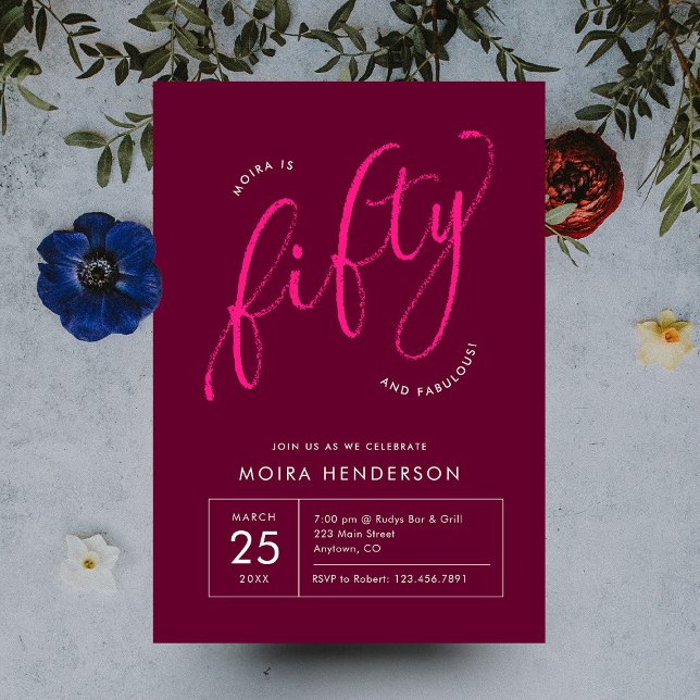Invitation Cinquante et fabuleux moderne rose 50e anniversair (Modern minimal fifty birthday party pink script typography 50th birthday invitation)