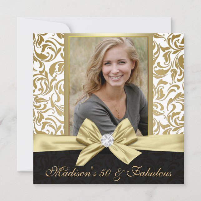 Invitation Cinquante et fabuleux or blanc damassé 50e anniver (Devant)