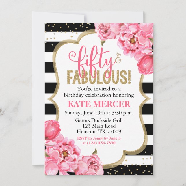 Invitation Cinquante et fabuleux Pink Gold Floral 50e anniver (Devant)