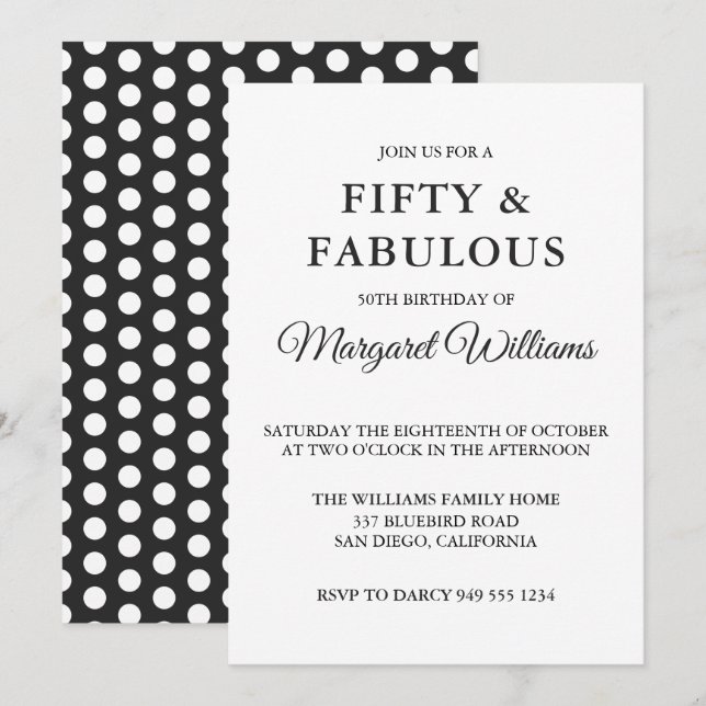 Invitation Cinquante et fabuleux Pois noir blanc tendance (Devant / Derrière)